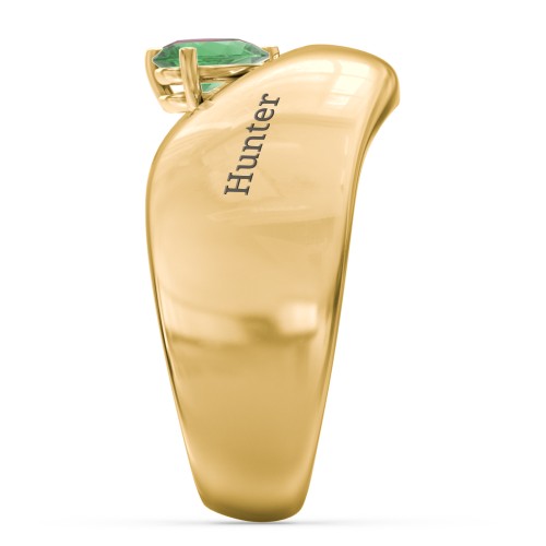 Toi et Moi Pear Gemstone Ring with Wide Curved Band – 10K Yellow Gold with Emerald and Ruby