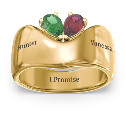 Toi et Moi Pear Gemstone Ring with Wide Curved Band – 10K Yellow Gold with Emerald and Ruby