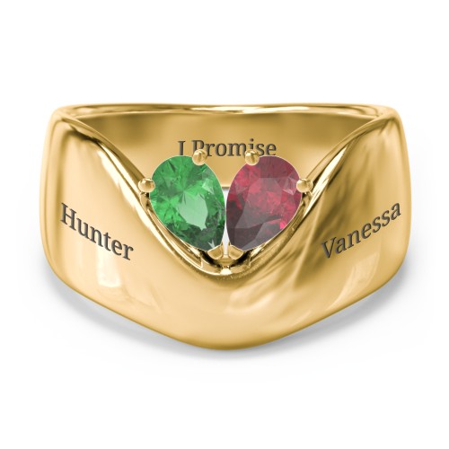 Toi et Moi Pear Gemstone Ring with Wide Curved Band – 10K Yellow Gold with Emerald and Ruby