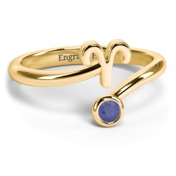 Zodiac Sign & Birthstone Bypass Ring in 18K Gold Plated Silver with Blue Sapphire
