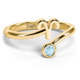 Zodiac Sign & Birthstone Bypass Ring in 18K Gold Plated Silver with Blue Topaz