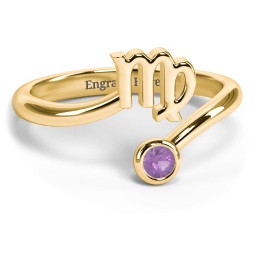 Zodiac Sign & Birthstone Bypass Ring in 18K Gold Plated Silver with Amethyst