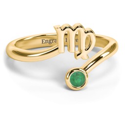 Zodiac Sign & Birthstone Bypass Ring in 18K Gold Plated Silver with Emerald
