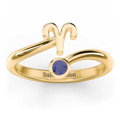 Zodiac Sign & Birthstone Bypass Ring – 18K Gold Plated Silver with Blue Sapphire