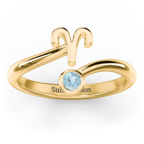 Zodiac Sign & Birthstone Bypass Ring – 18K Gold Plated Silver with Blue Topaz