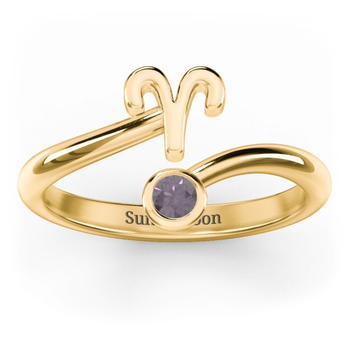 Zodiac Sign & Birthstone Bypass Ring – 18K Gold Plated Silver with Alexandrite