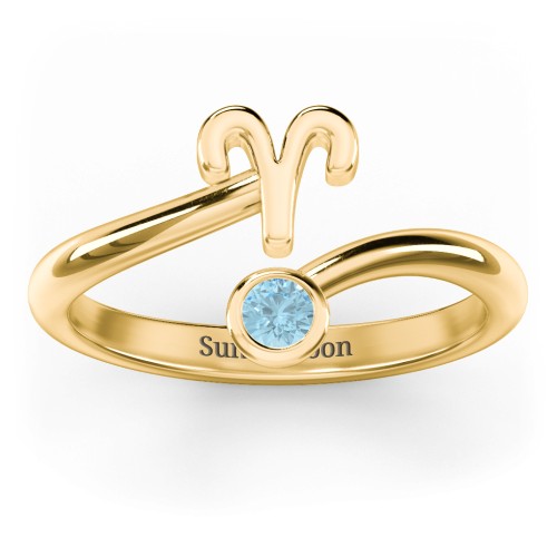 Zodiac Sign & Birthstone Bypass Ring – 18K Gold Plated Silver with Blue Topaz
