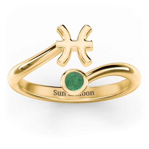 Zodiac Sign & Birthstone Bypass Ring – 18K Gold Plated Silver with Emerald