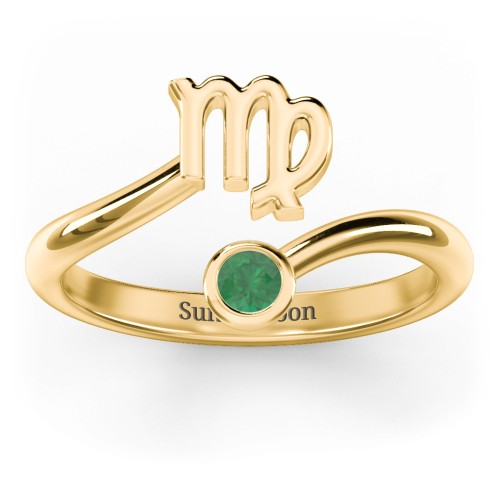 Zodiac Sign & Birthstone Bypass Ring – 18K Gold Plated Silver with Emerald