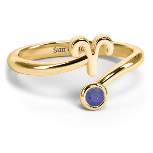 Zodiac Sign & Birthstone Bypass Ring – 18K Gold Plated Silver with Blue Sapphire