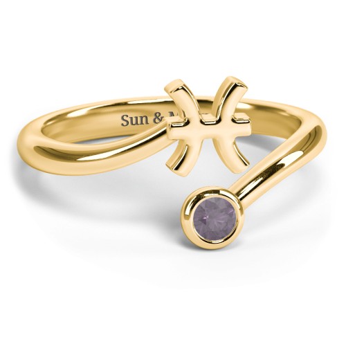 Zodiac Sign & Birthstone Bypass Ring – 18K Gold Plated Silver with Alexandrite