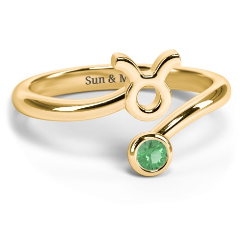 Zodiac Sign & Birthstone Bypass Ring – 18K Gold Plated Silver with Emerald