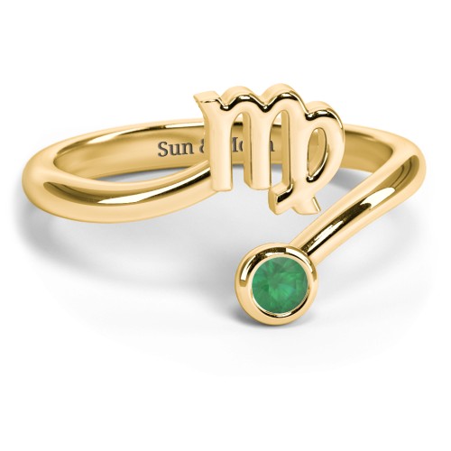 Zodiac Sign & Birthstone Bypass Ring – 18K Gold Plated Silver with Emerald