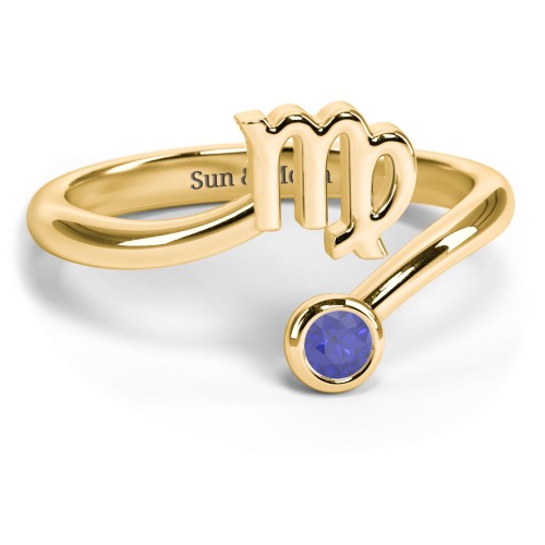 Zodiac Sign & Birthstone Bypass Ring – 18K Gold Plated Silver with Blue Sapphire