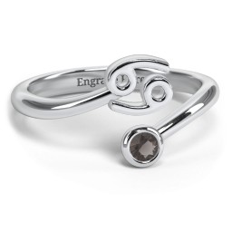 Zodiac Sign & Birthstone Bypass Ring in 925 Sterling Silver with Smokey Quartz