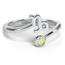 Zodiac Sign & Birthstone Bypass Ring in 925 Sterling Silver with Peridot