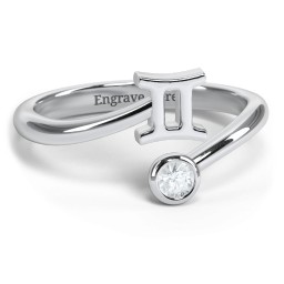 Zodiac Sign & Birthstone Bypass Ring in 925 Sterling Silver with Aquamarine