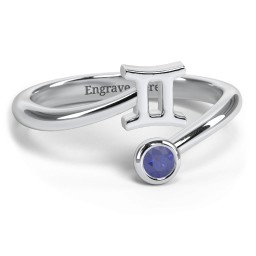 Zodiac Sign & Birthstone Bypass Ring in 925 Sterling Silver with Blue Sapphire