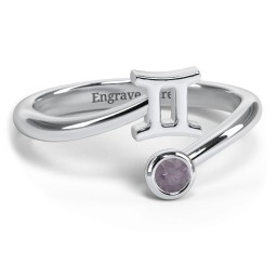 Zodiac Sign & Birthstone Bypass Ring in 925 Sterling Silver with Alexandrite