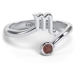 Zodiac Sign & Birthstone Bypass Ring in 925 Sterling Silver with Garnet