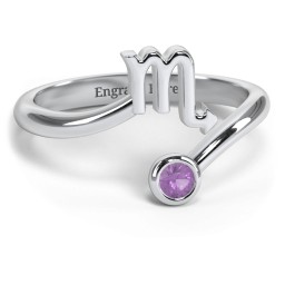 Zodiac Sign & Birthstone Bypass Ring in 925 Sterling Silver with Amethyst