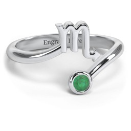 Zodiac Sign & Birthstone Bypass Ring in 925 Sterling Silver with Emerald