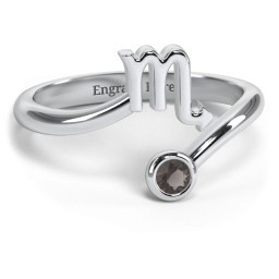 Zodiac Sign & Birthstone Bypass Ring in 925 Sterling Silver with Smokey Quartz