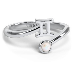 Zodiac Sign & Birthstone Bypass Ring in 925 Sterling Silver with Opal