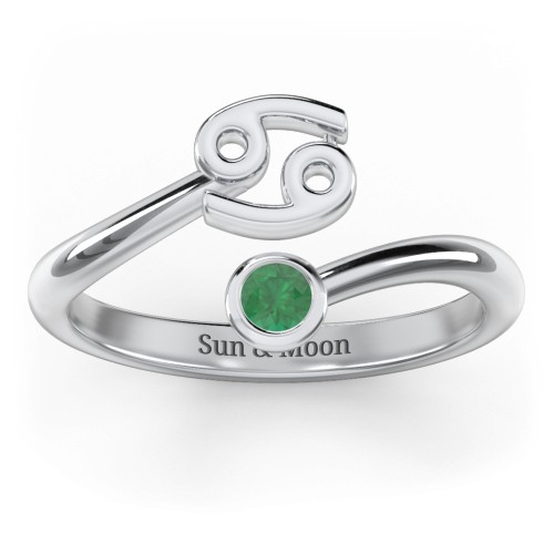 Zodiac Sign & Birthstone Bypass Ring – Sterling Silver with Emerald