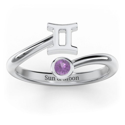Zodiac Sign & Birthstone Bypass Ring – Sterling Silver with Amethyst