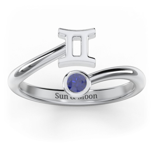 Zodiac Sign & Birthstone Bypass Ring – Sterling Silver with Blue Sapphire