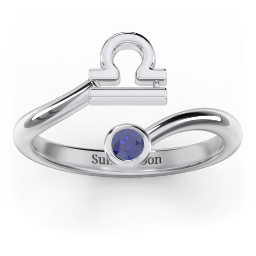 Zodiac Sign & Birthstone Bypass Ring – Sterling Silver with Blue Sapphire