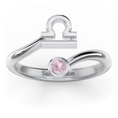 Zodiac Sign & Birthstone Bypass Ring – Sterling Silver with Pink Tourmaline