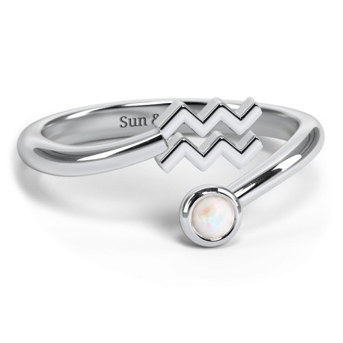 Zodiac Sign & Birthstone Bypass Ring – Sterling Silver with Opal