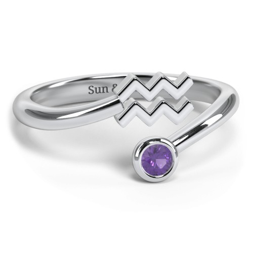 Zodiac Sign & Birthstone Bypass Ring – Sterling Silver with Amethyst
