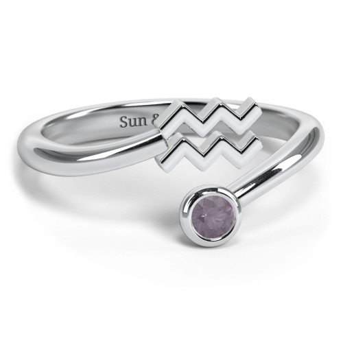 Zodiac Sign & Birthstone Bypass Ring – Sterling Silver with Alexandrite