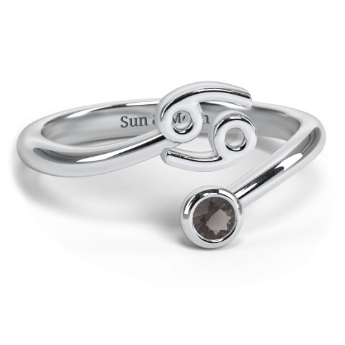 Zodiac Sign & Birthstone Bypass Ring – Sterling Silver with Smokey Quartz