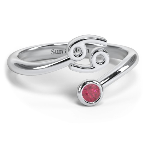 Zodiac Sign & Birthstone Bypass Ring – Sterling Silver with Ruby