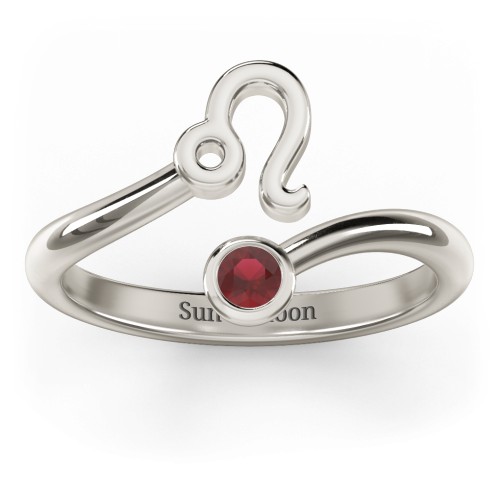 Zodiac Sign & Birthstone Bypass Ring – 10K White Gold with Garnet