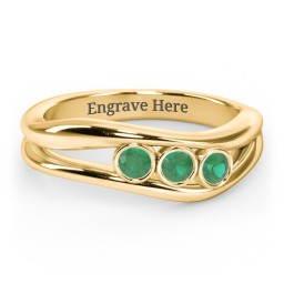 Curved 3 Bezel-Set Round Birthstone Ring in 18K Gold Plated Silver with Emerald