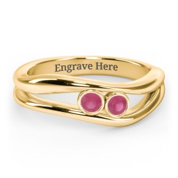 Curved 2 Bezel-Set Round Birthstone Ring in 18K Gold Plated Silver with Ruby, Emerald, and Blue Topaz