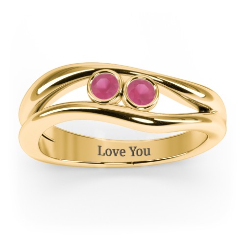 Curved 2 Bezel-Set Round Birthstone Ring – 18K Gold Plated Silver with Ruby