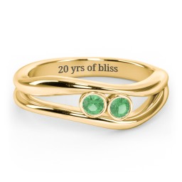 Curved 2 Bezel-Set Round Birthstone Ring in 18K Gold Plated Silver with Emerald and Blue Topaz