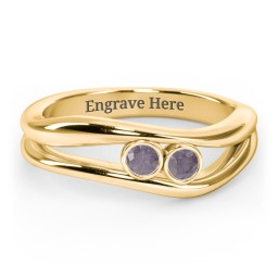 Curved 2 Bezel-Set Round Birthstone Ring in 18K Gold Plated Silver with Alexandrite, Emerald, and Blue Topaz