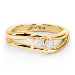 Curved 2 Bezel-Set Round Birthstone Ring in 18K Gold Plated Silver with Opal, Emerald, and Blue Topaz