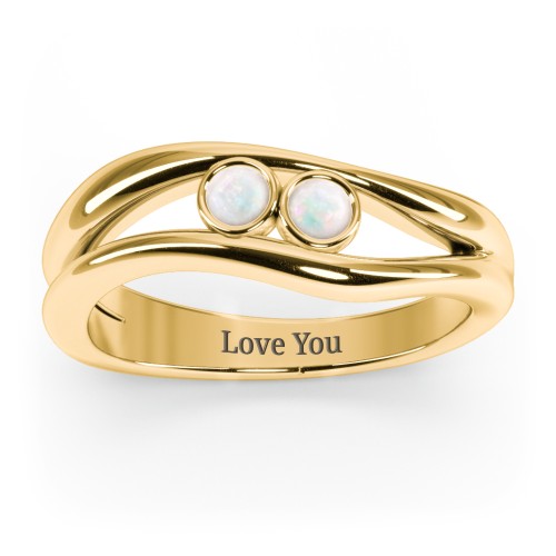 Curved 2 Bezel-Set Round Birthstone Ring – 18K Gold Plated Silver with Opal