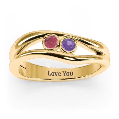 Curved 2 Bezel-Set Round Birthstone Ring – 18K Gold Plated Silver with Ruby and Amethyst