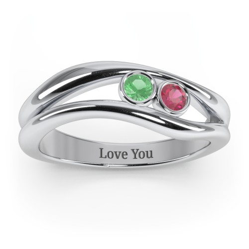 Curved 2 Bezel-Set Round Birthstone Ring – Sterling Silver with Emerald and Ruby