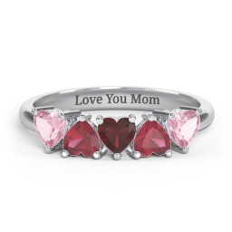 5 Heart Birthstone Ring in 925 Sterling Silver with Pink Tourmaline, Ruby, and Garnet