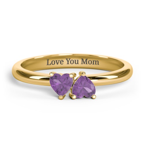 2 Heart Birthstone Ring – 18K Gold Plated Silver with Amethyst